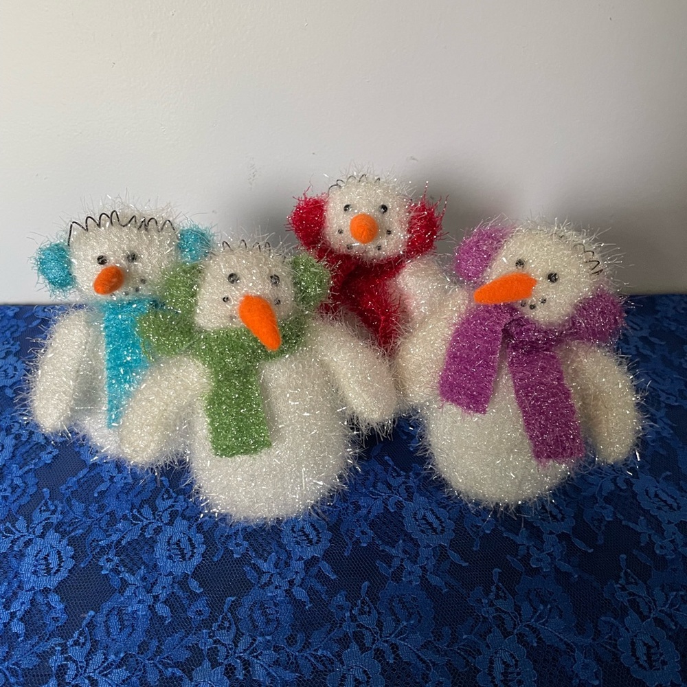 Festive Vintage Tinsel Snowmen Decorations, Set of 4